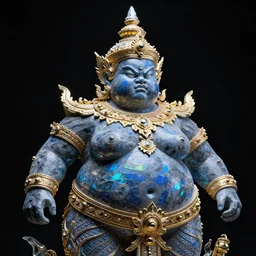 intricate holographic sculpture of futuristic digital chubby angry thai empress, stone and glass and gold, high contrast, blue and black, masterpiece