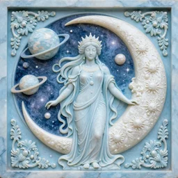 intricate colourfully painted carved Soapstone relief paneling, pearl and pale blue toned, celestial, cosmos, galaxies, planets, divinity, moon goddess, mother earth, Earth Goddess mythology, Gaia, angels, dream atmosphere, Ghostly, crystaline celtic, insanly detailed , artstation, wallpaper, hyper realistic, realistic lighting