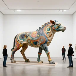 etablishing wide view shot of stunning colorful intriguing polished painted massive clay * poetic * sculpture of a mythic creature animal by * beth cavener * in empty empty white space exposiion. elegant animal living form. with the collaboration of * ellen jewett *, * zhelong xu *, beth cavener, sayaka ganz, edouard martinet, john o '