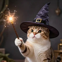 A cat wearing a wizards hat, casting a spell with particle effects emitting from the wand.