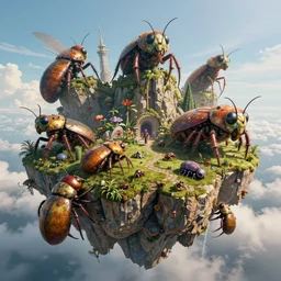 an intricate concept art, illustration, fantasy floating island rock with large insect megafauna biomes, ultra photorealistic, pinterest, artstation, cgsociety, global illumination, pinterest, digital art, hyper detail, vibrant colors, style by feng zhu and artgerm, hyperrealistic octane render, 8 k