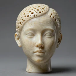 a realistic attractive woman's head made of resin with hundreds of little holes in it