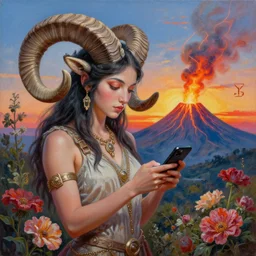 painting by senior concept artist josephine wall, horned ram goddess checking her cell phone, erupting volcano and sunset in distance in background, flowers in foreground, zodiac, fantasy, acrylic on canvas, intricately detailed, highly detailed, high resolution, hdr, 8 k, trending on artstation
