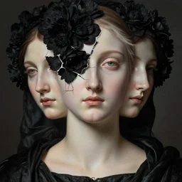 hyperrealism close - up mythological portrait of a beautiful medieval women's shattered faces partially made of black flowers in style of classicism using the fibonacci golden ratio, pale skin, ivory make up on the eyes, wearing black silk robes, dark and dull palette