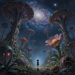 beautiful low angle painting of ab alien world with unknown plants and trees, and giant flowers, with galaxies and stars in the sky, a tiny girl watching on, moody atmosphere, epic composition, dramatic lighting, trending on artstation, octane render, by don bluth