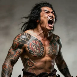 an ancient tattooed samurai warrior screaming an emotional war cry, beautiful and dramatic, detailed and expressive