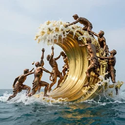 a massive modern sculpture of desperate bronze people trying to climb a golden wave on the ocean water, in the style of jeff koons and michelangelo, inspired by the greatest sculptors, cinematic, hyper - realistic, very detailed, realistic water splashes, ray tracing, 8 k resolution, long - shot, sharp focus, low angle, 8 5 mm photograph, wide lens