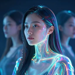 irridescent asian woman hologram, holography, full frame shot, unsplash, neon iridescence, glowing neon, luminescence, cinematic lighting, highly detailed, by cedric peyravernay, by maciej kuciara, uhd 8 k, shallow depth of field