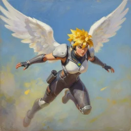 oil painting of tracer overwatch in the style of sophie anderson, flying, angel wings,