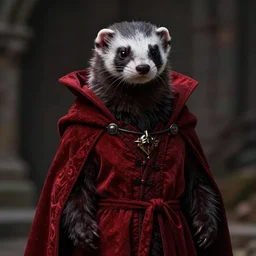 a anthropomorphic ferret is a dark warlock dressed red robes, he's very menacing and evil, hyperdetailed, artstation, cgsociety, 8 k
