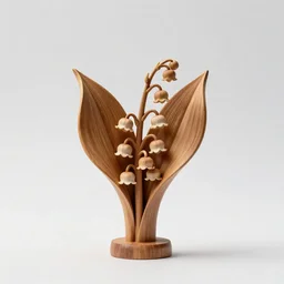 carved wooden lily of the valley, studio photography, full body, isolated on a pure white background, centered, entire subject in frame, sharp focus, soft studio lighting