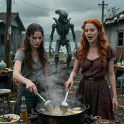 she makes the deep boil. dark fantasy story about two casually - dressed women in a dirty seaside town, a globster, and a beautiful song. color cinematic still from an action - packed 2 0 1 1 evil! alien - robot invasion science - fiction blockbuster movie ; highly - detailed.