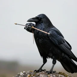 a raven wearing a cloak and hood. knocking an arrow. concentrated expression.
