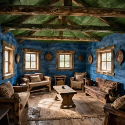 photo of medival hunter's log cabin interior blue, green brown colors cozy wood furnitures