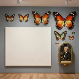 art museum, interior design, blank canvas on wall, butterfly machine on wall, greg rutkowski, john singer sargent, trending on artstation, oil painting, intricate