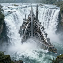 a mechanical citadel being overtaken by waterfalls, flowing water, river rapids, by greg rutkowski