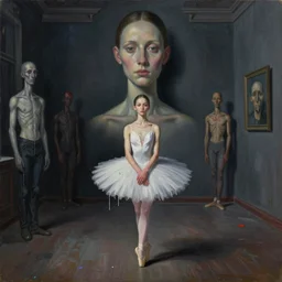 young ballerina training in a big dark room, painted in style of marlene dumas, francis bacon, andreas gursky, oil painting, dripping paint, intricate details, lonely, psychologic, melancholic, symmetrical face, hyper detailed, rendered in octane, cg society contest winner, altermodern