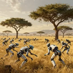 cyberpunk, white metal and black plastic robot wildlife, wires and lights, herds fighting, african plains, long grass, futuristic robot organisms, digital matt painting, fantasy art, another world, acacia trees, dramatic lighting, cinematic, anamorphic, golden hour