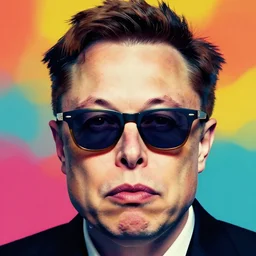 the portrait of depressed, miserable, sorrow elon musk wearing retro thick - frame sun glasses. colorful pop art, modern art, by andy warhol