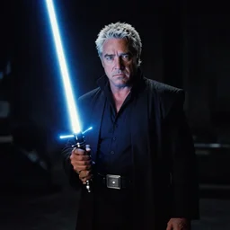 Guy Fieri in Star Wars, Jedi Knight, blue light saber, dark, dim, cinestill 400t film, 35mm lens, by Stanly Kubrick, ultra high quality