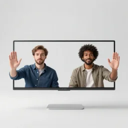 stereogram : 5 0 mm f / 2. 3 wide shot photograph of two diverse virtual collaborators swiping on both sides of a floating glass sheet between them, sliding video thumbnails around and assembling a video - annotated transcript next to the horizontal stack row of movie still frames