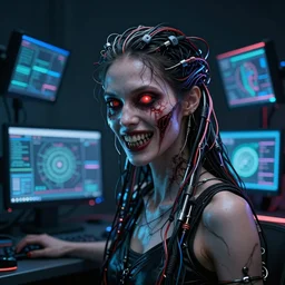 a terrifying but beautiful woman with, wires for hair, glowing eyes, razor sharp teeth, computers, horror, studio lighting, 8 5 mm f 1. 8, cyberpunk, art by, masterpiece, trending, highly detailed, realistic