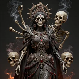a beautiful detailed 3d matte painting of female goddess of the dead, ominous, magical realism, texture, intricate, ornate, royally decorated, skull, skeleton, whirling smoke, embers, red adornements, 8k