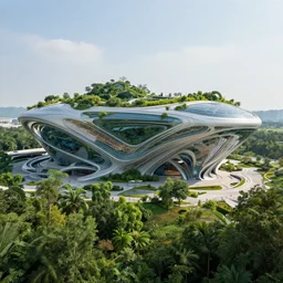 futuristic convention centre, ultra modern, photorealistic, organic, forested