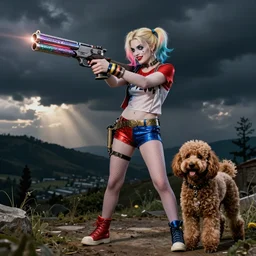 harley quinn aiming down glitter gun with toy cavoodle dog by her side