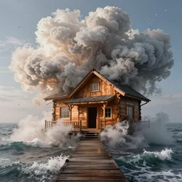 surreal explosion of fashion photography of wooden house leading to ocean wave clouds, morning mist