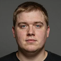 tall chunky man in his twenties with brown blond short regular haircut and round facial structure with cleft chin, straight eyebrows, big grey blue eyes, small grinn, cheekbones, straight nose, wider face, shadow of beard, atmospheric lighting, painted, intricate, 4 k, highly detailed by charlie bowater