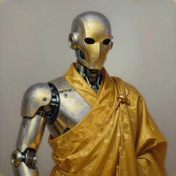 portrait of zenyatta ( from overwatch ) the robot zen monk, a robot monk made of metal ( gold and silver ) with simple!!! stylized android mouthless face!!! + wearing zen robes, detailed realism in painting, detailed beautiful portrait, oil painting masterpiece, 8 k resolution, smooth, sharp focus, trending on artstation, by rembrandt