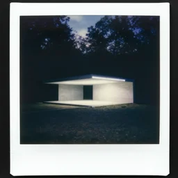concrete structure in a forest clearing at night, neon light, minimalistic architecture, dark, surreal, open space, james turrel, old polaroid, expired film,