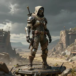 concept art of a post apocalyptic explorer nomad standing on a platform, hyperrealistic, photorealistic, style by wlop, anime style, hyper detailed, 8 k