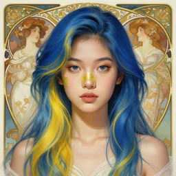filipino girl blue and yellow hair nose tape, intricate, elegant, highly detailed, my rendition, digital painting, artstation, concept art, smooth, sharp focus, illustration, art by artgerm and greg rutkowski and alphonse mucha and uang guangjian and gil elvgren and sachin teng, symmetry!!