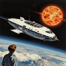 a spaceship flying through a solar system, 1950s art deco, retrofuturism, edward hopper