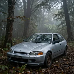 damaged Honda civic Eg6 abandoned in a forest, fog, photo