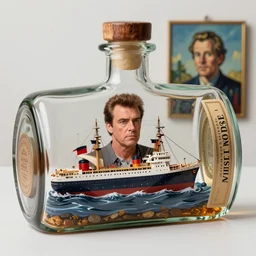 a ship in a bottle but instead of a ship it is jack nicholson in the bottle, a young jack nicholson, fancy whiskey bottle, masterpiece painting by artgerm and tom bagshaw