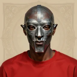 portrait of mf doom, gray - metal steel mask, red t - shirt, beige complex background, intricate, elegant, highly detailed, digital painting, artstation, concept art, smooth, sharp focus, illustration, by anato finnstark, boissb - blanca. j, cindy avelino, clint cearley, anna podedworna