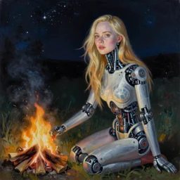 a striking hyper real painting of Elle Fanning with cybernetics, starlit night, campfire, by Andrew Wyeth