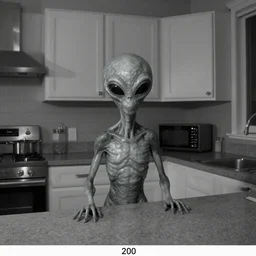 trail cam photo of a grey alien in your kitchen at night