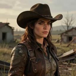 fallout 5, charismatic beautiful, rugged, brunette female protagonist wearing a cowboy - hat, portrait, outdoors ruined rural environment, atmospheric lighting, painted, intricate, volumetric lighting, beautiful, spring, sharp focus, warm deep colours, ultra detailed, by leesha hannigan, ross tran, thierry doizon, kai carpenter, ignacio fernandez rios