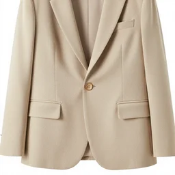 a realistic photograph of a single blazer, with two front pockets, with one buttton, beige color scheme, 8 k