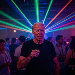 joe biden wearing neon in a nightclub disco, laser lights