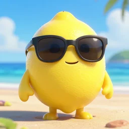 photo studio of lemon character wearing sunglasses bask in the beach, detailed, Pixar style, unreal engine 5