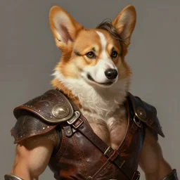 portrait of a young, ruggedly handsome swordsman with a corgi head, soft hair, muscular, half body, leather, hairy, d & d, fantasy, intricate, elegant, highly detailed, digital painting, artstation, concept art, smooth, sharp focus, illustration, art by artgerm and greg rutkowski and alphonse mucha