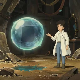 realistic interior shot from howls moving castle ( 2 0 0 4 ) of a cubic bubble and a scientist in a crumbling flooded desert atlantis cartoon depth of field.