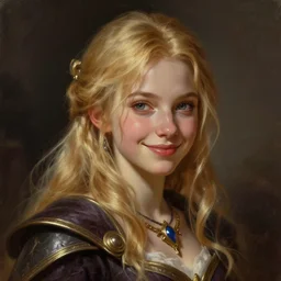 an epic fantasy comic book style portrait painting of a young blonde girl thief, d & d, fantasy, joyful smirk, intricate, elegant, digital painting, artstation, concept art, face enhance, matte, sharp focus, illustration, art by artgerm and greg rutkowski and alphonse mucha