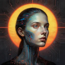 a ascendant, neural digital painting of a woman's head with notan sun in the background by android jones, cgsociety, analytical art, dystopian art, redshift, circuitry