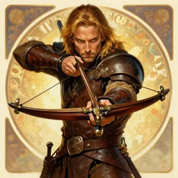 keanu reeves in the slumps aiming crossbow brown skin golden hair brown leather armor high fantasy dnd smooth sharp focus illustration by rossdraws, alphonse mucha frank fanzzeta
